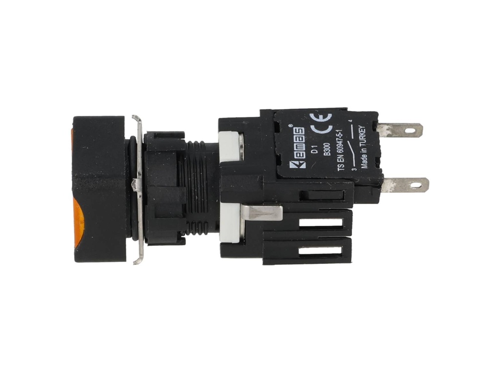 D100KDS — BOTON PULSADOR 16mm, NO ILUMINADO AMARILLO, RASANTE MOMENTANEO CUADRADO, INCLUYE 1 CON NA (MAXIMO 2 CONTACTOS) 