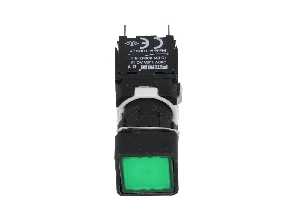 D100KDY — BOTON PULSADOR 16mm, NO ILUMINADO VERDE, RASANTE MOMENTANEO CUADRADO, INCLUYE 1CON NA (MAXIMO 2 CONTACTOS) 