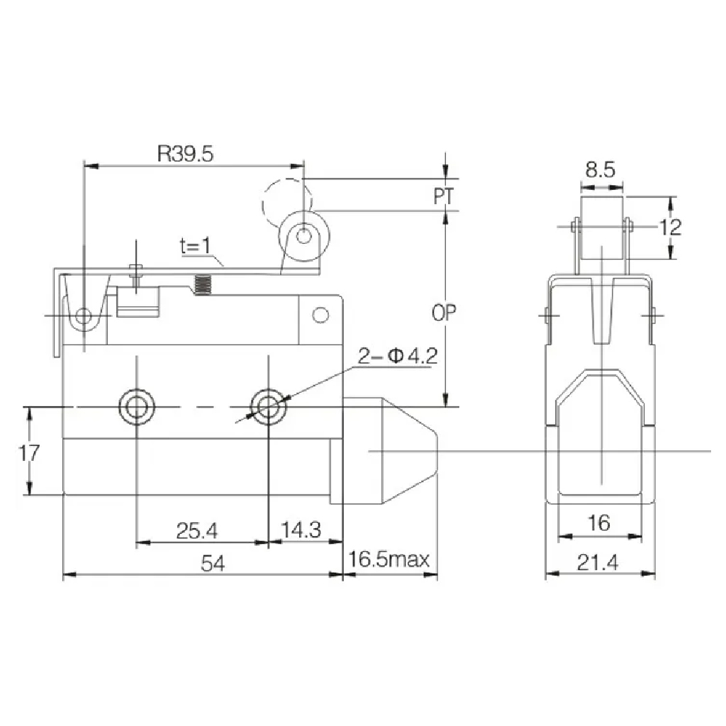 XZ7-141 — MICROSWITCH MINIATURA PALANCA CORTA, ROLDANA PLASTICA, 1NA+ INC 10A 250V