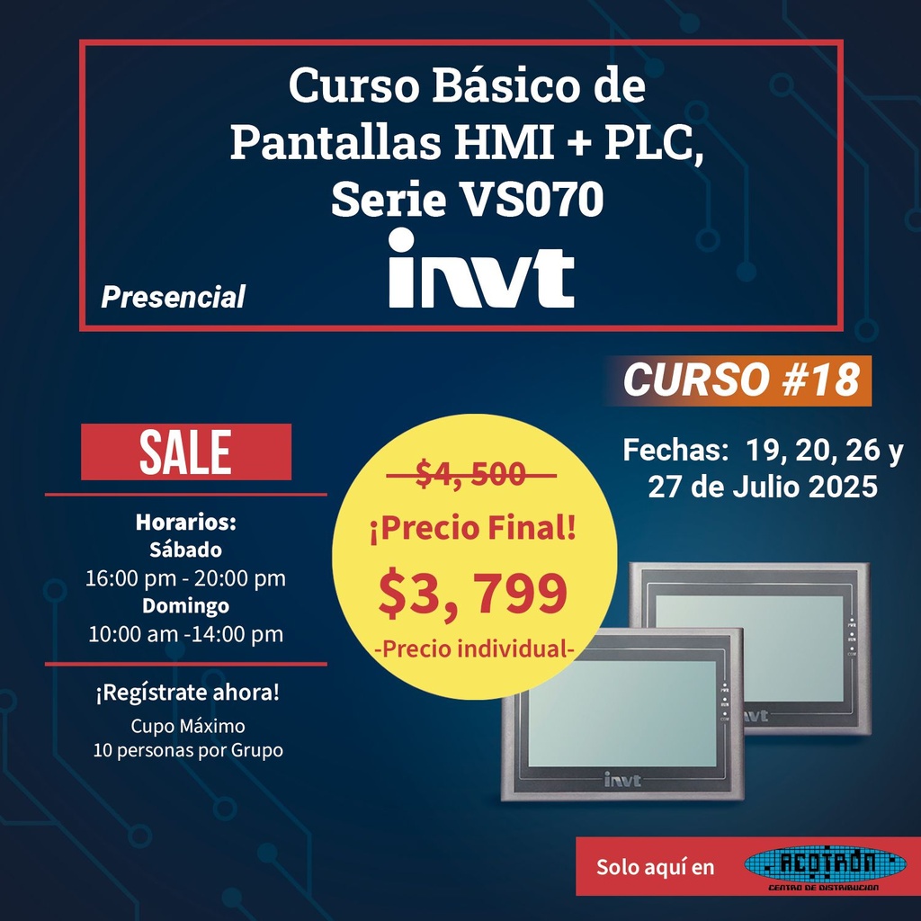 CURSO Pantallas HMI + PLC básico — 19, 20, 26 y 27 de Julio 2025                 *Precio por pareja*